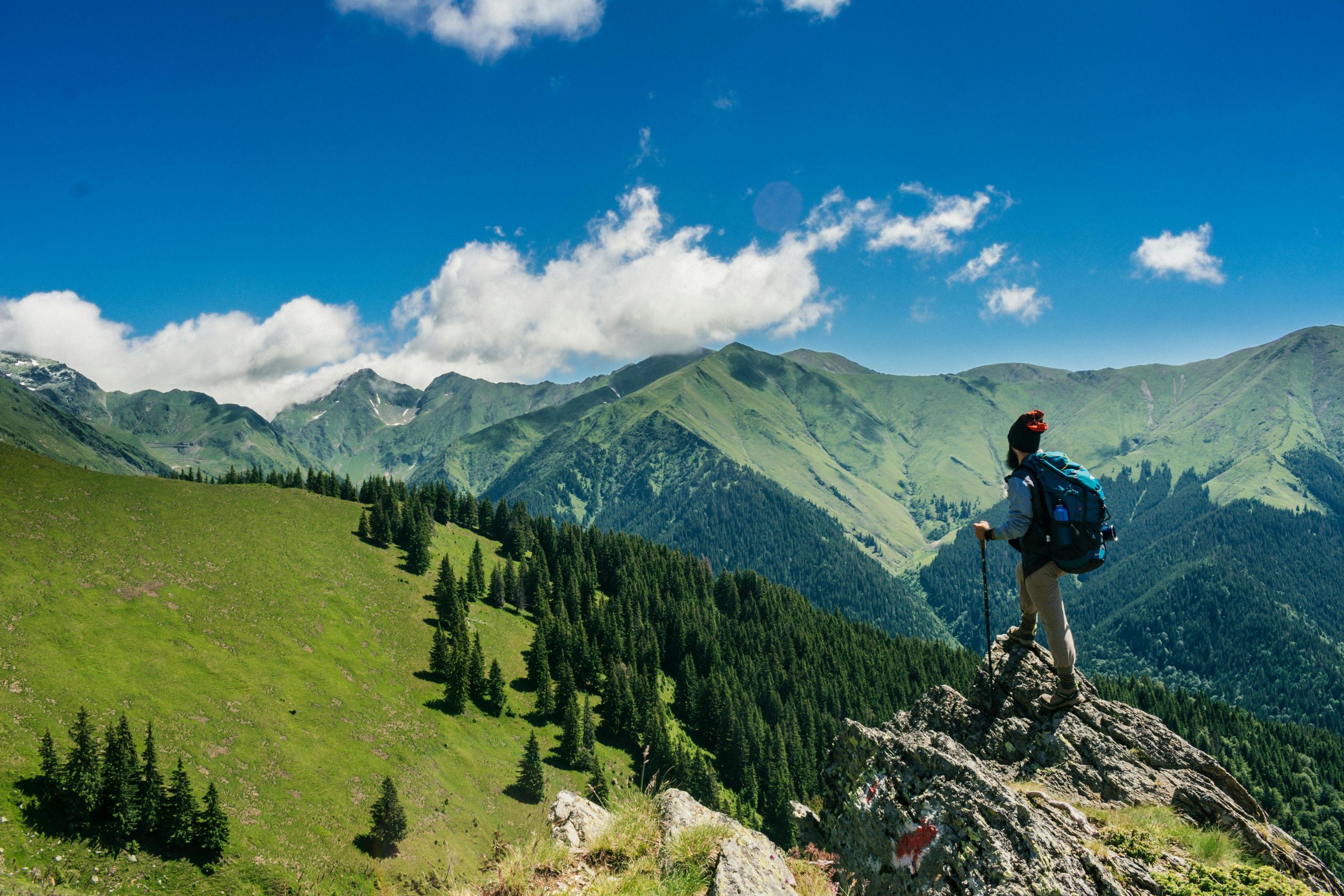 Adventurous hiker enjoying breathtaking views of lush green mountains in Romania under a clear blue sky.